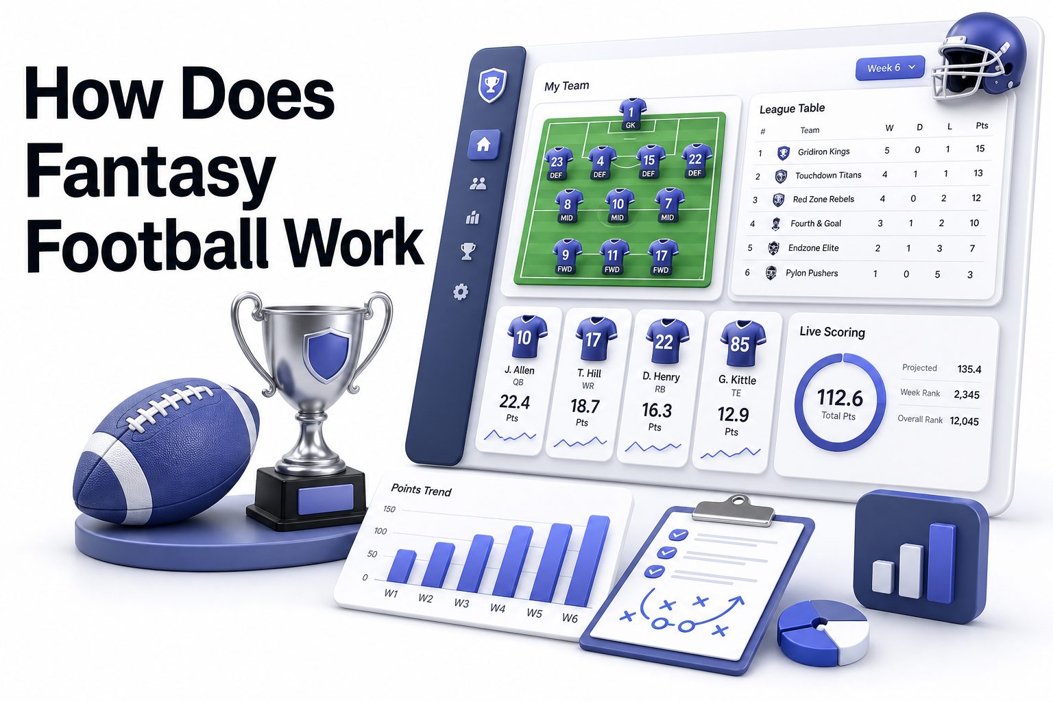 Fantasy football draft board with player cards and team picks